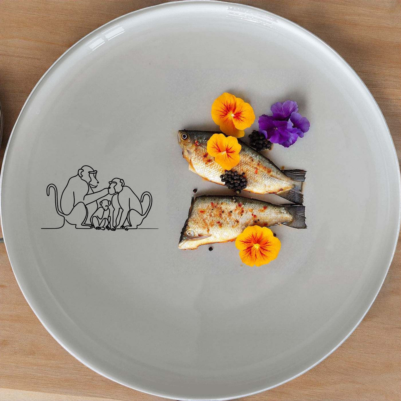 Baboon Troop Social Grooming Scene Side Plate Set of 4 - Range 1 features detailed artwork for a unique dining experience.