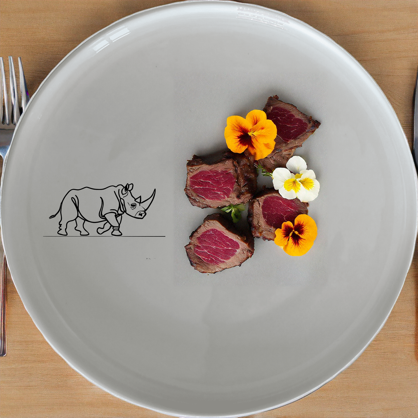 Charging Rhino Horn Dinner Set of 12 - Range 3 features a bold rhino design on white ceramic plates, perfect for modern dining.