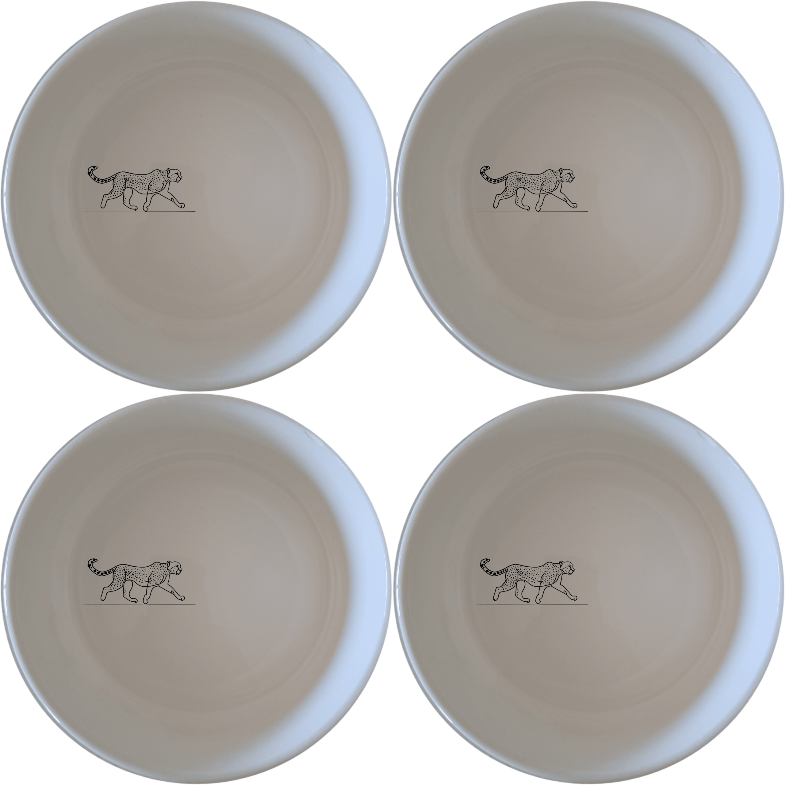 The Graceful Cheetah Bowl Set of 4 - Range 4 features elegant cheetah designs on white ceramic bowls, perfect for modern dining.