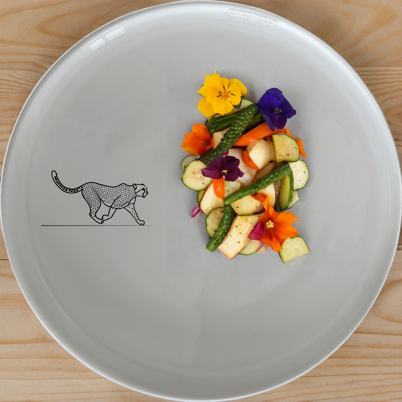 The Graceful Cheetah Dinner Plate Set of 4 - Range 1 features sleek cheetah artwork, perfect for modern dining. Each plate is crafted from durable ceramic and is dishwasher and microwave safe.