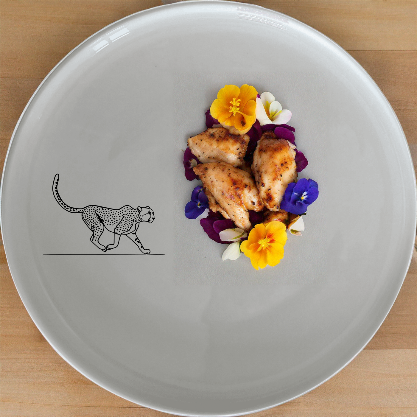 The Graceful Cheetah Dinner Plate Set of 4 - Range 3 features sleek cheetah designs on white ceramic plates, perfect for modern dining.