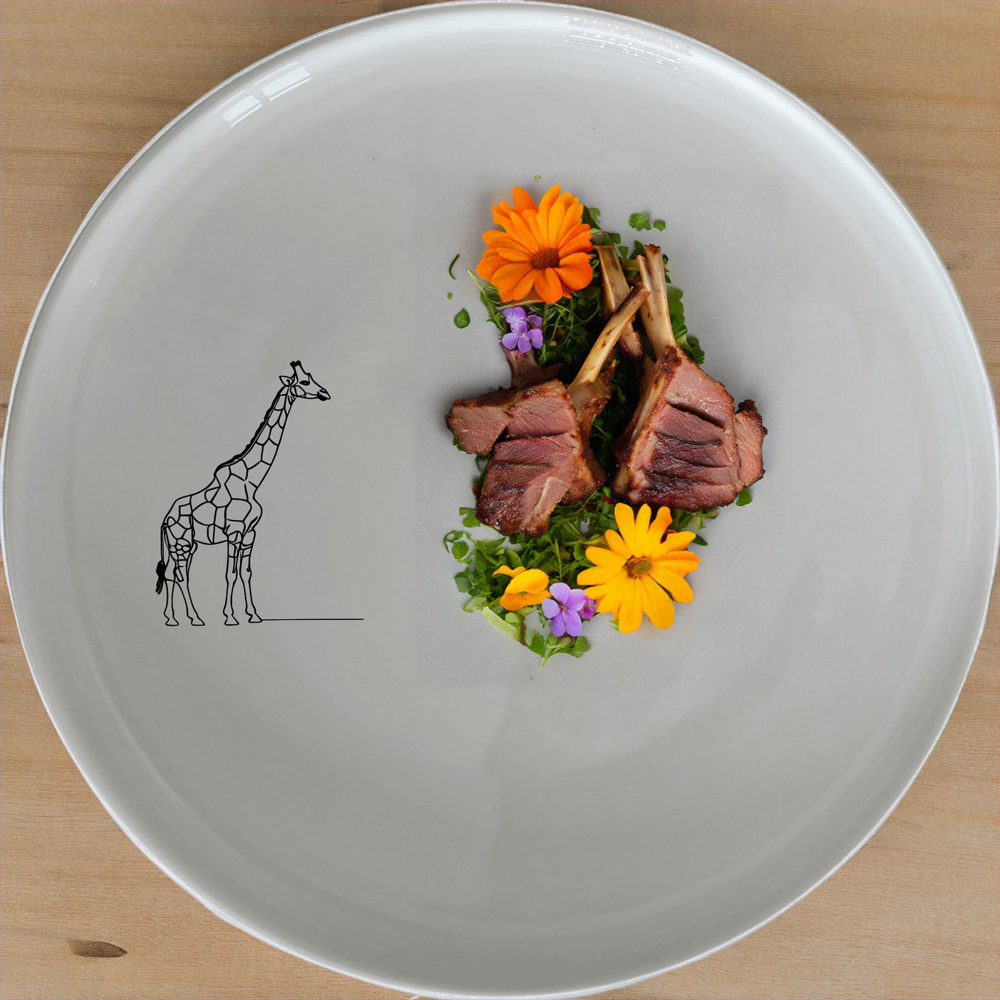 The Majestic Giraffe Neck Stretching Dinner Set of 12 features elegant giraffe designs on white ceramic plates, perfect for modern dining.
