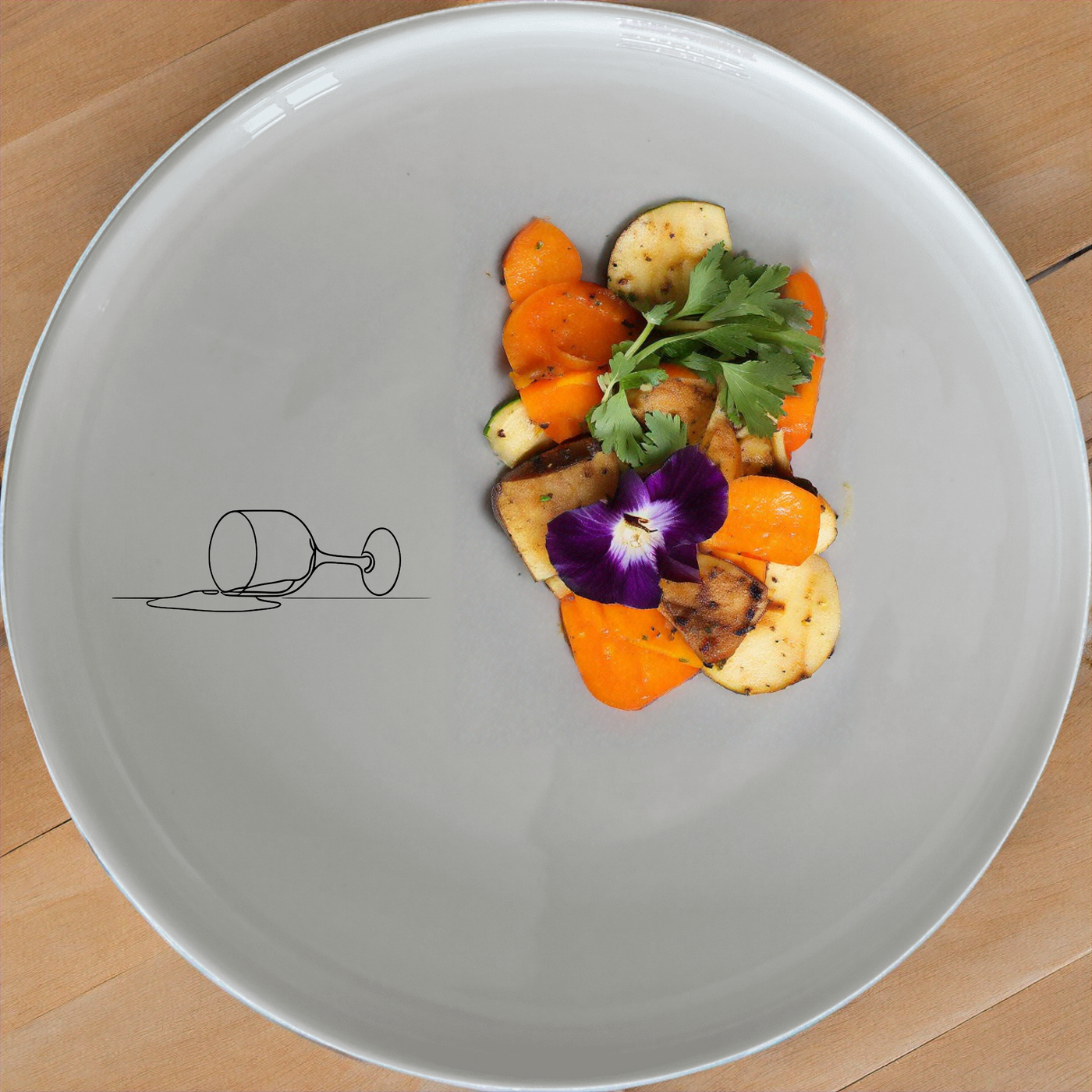 Spilled Glass of Wine Dinner Set of 12 - Range 3 features a modern, minimalist design with a subtle wine spill illustration, perfect for contemporary dining.