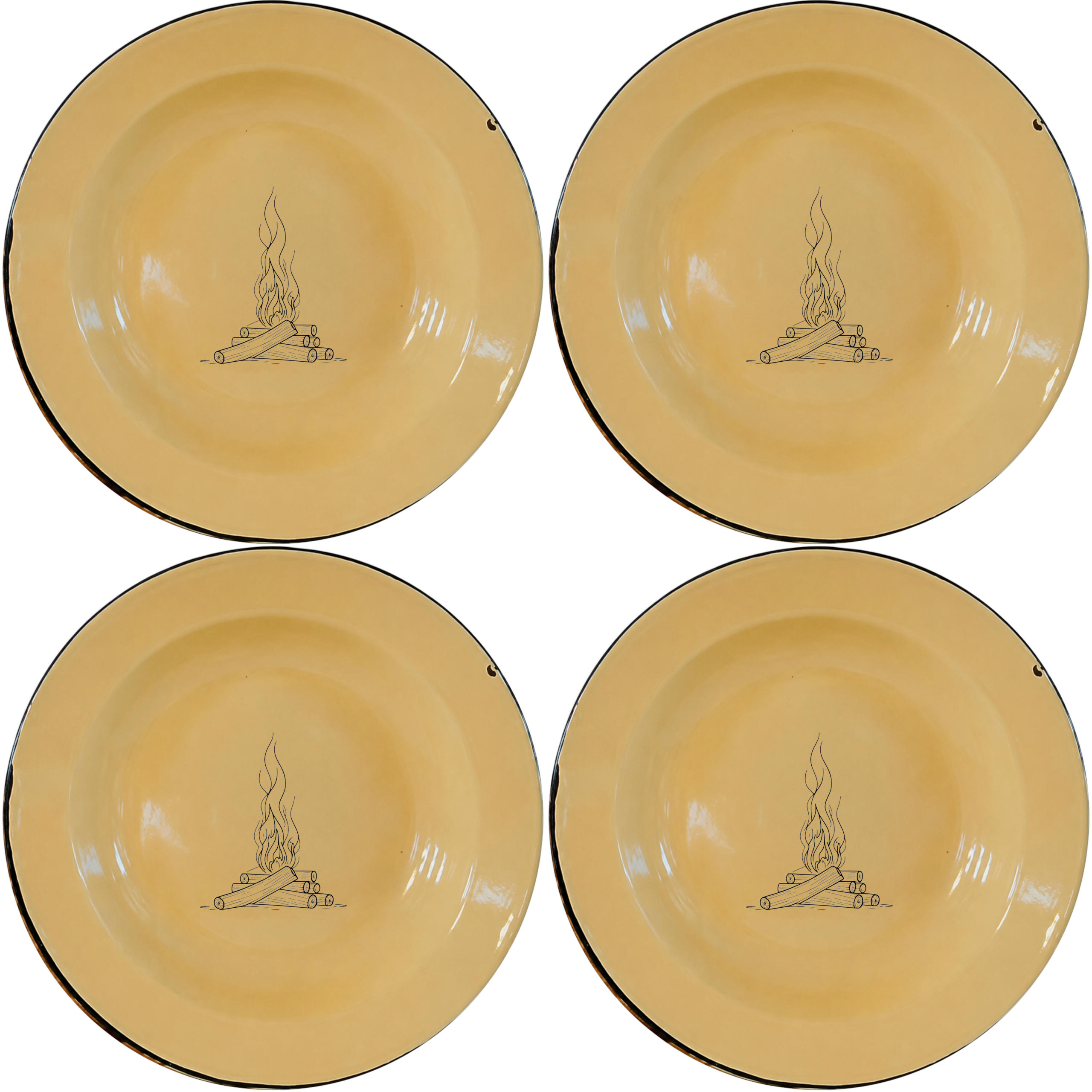 Stacked Wood Dinner Plate Set of 4 in warm cream enamel, perfect for cozy campfire-inspired dining.