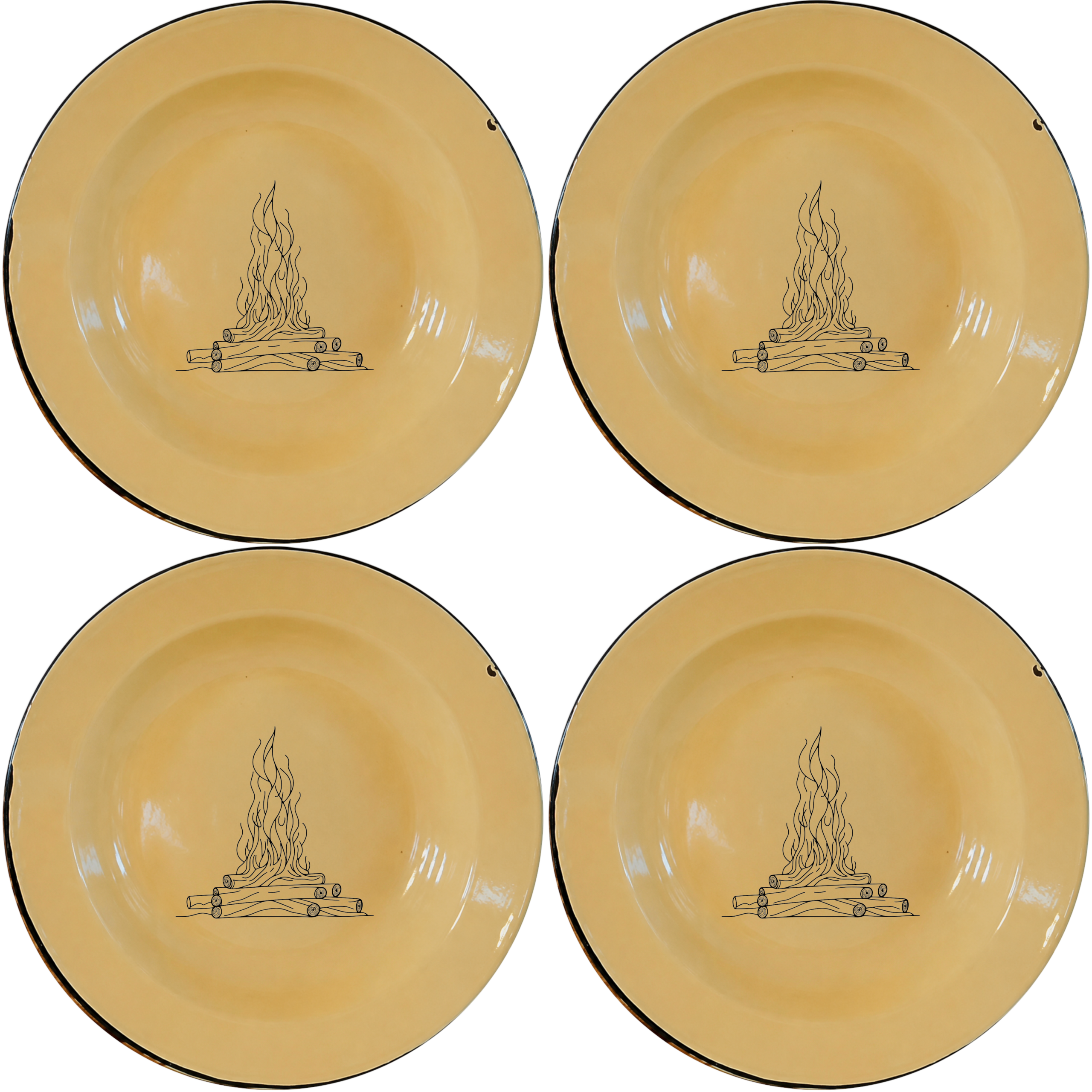 The Wood Fire Dinner Plate Set of 4 brings rustic campfire charm to warm cream enamel dinnerware.