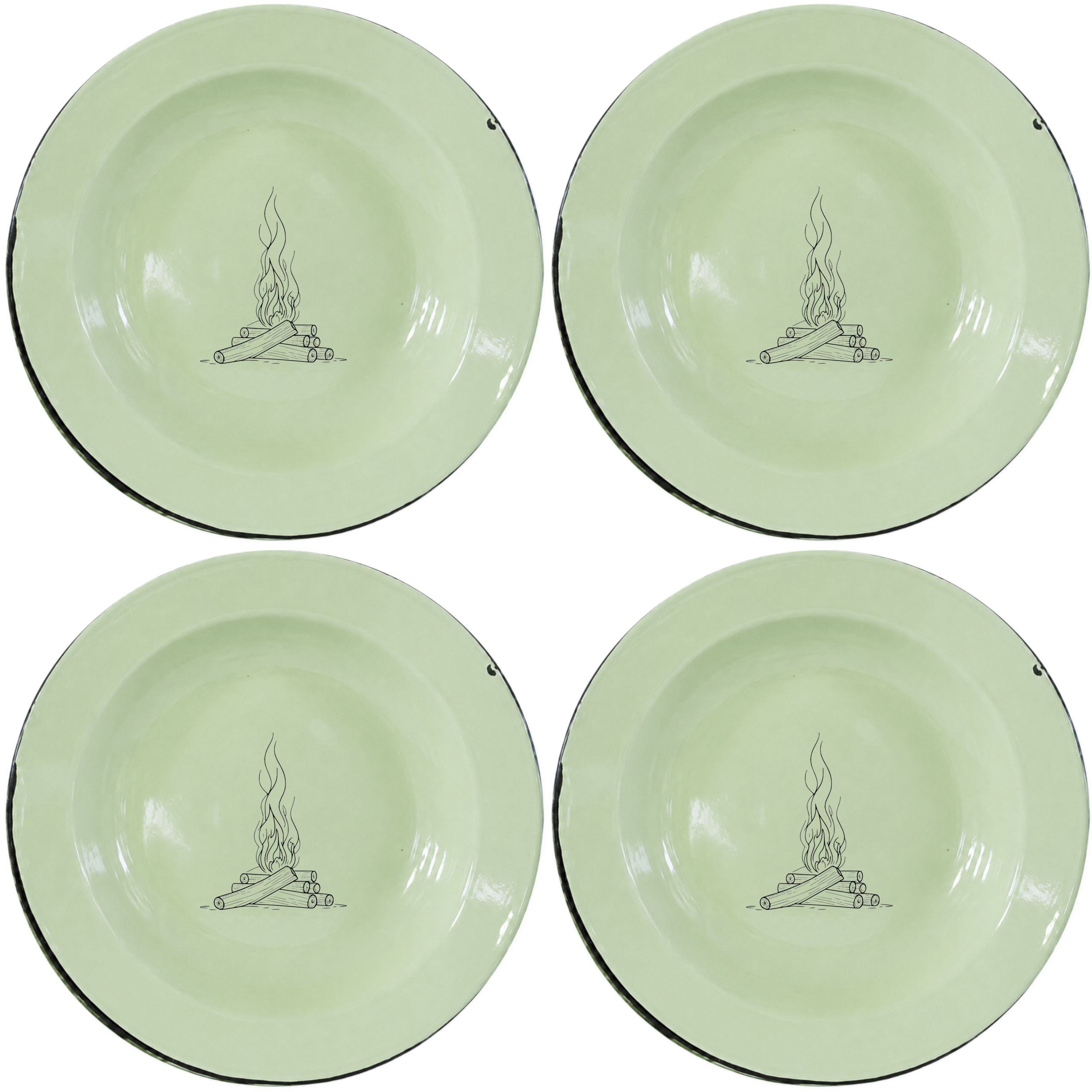 Campfire Wood Dinner Plate Set of 4 in soft sage green enamel with a rustic hand-drawn flame design.