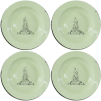 Stacked Wood Dinner Plate Set of 4 - rustic campfire design on soft green enamel, perfect for everyday dining.