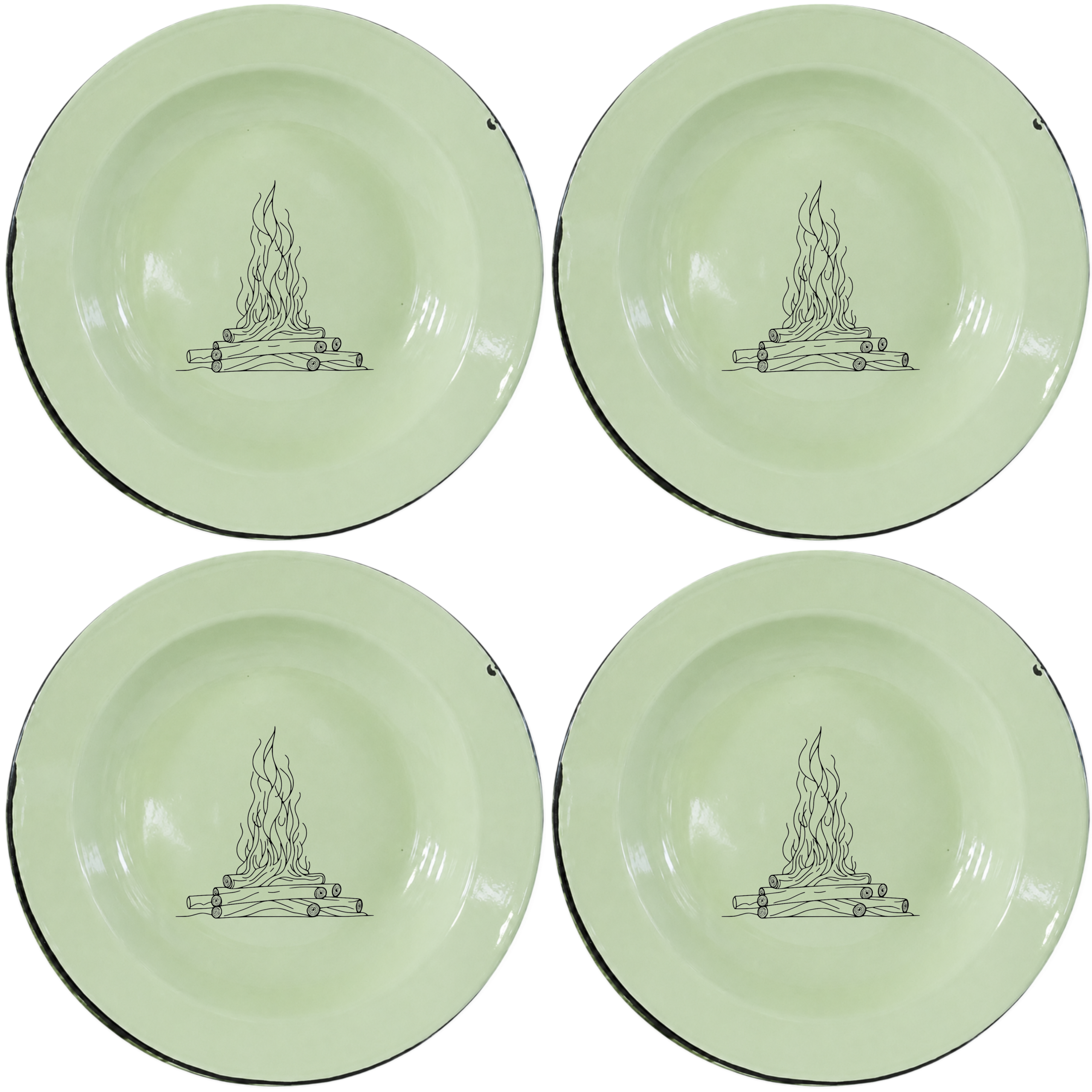 Stacked Wood Dinner Plate Set of 4 - rustic campfire design on soft green enamel, perfect for everyday dining.