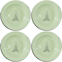 Stacked Wood Dinner Plate Set of 4 brings rustic campfire charm to your table in soft rice green enamel.