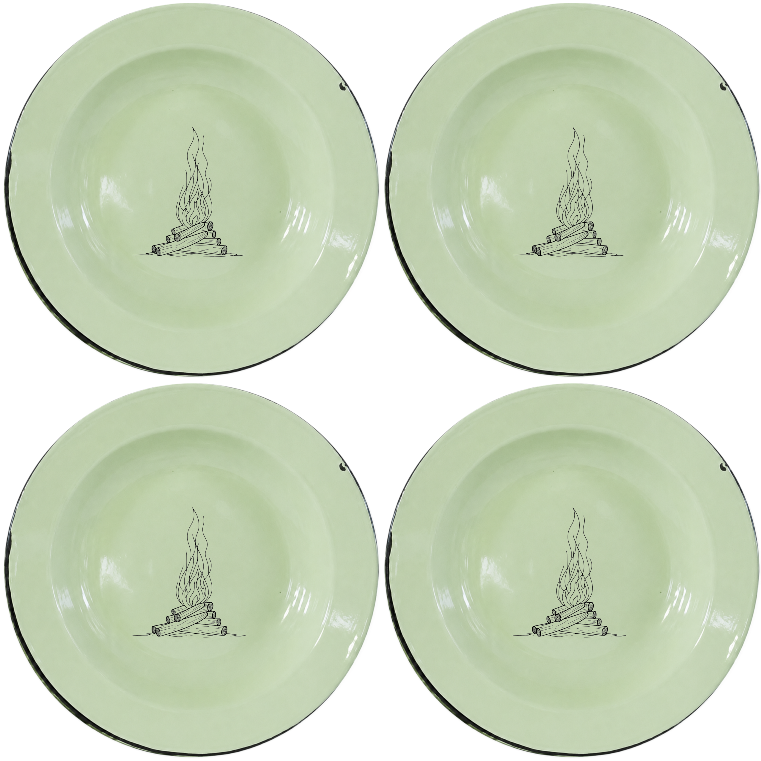 Stacked Wood Dinner Plate Set of 4 brings rustic campfire charm to your table in soft rice green enamel.