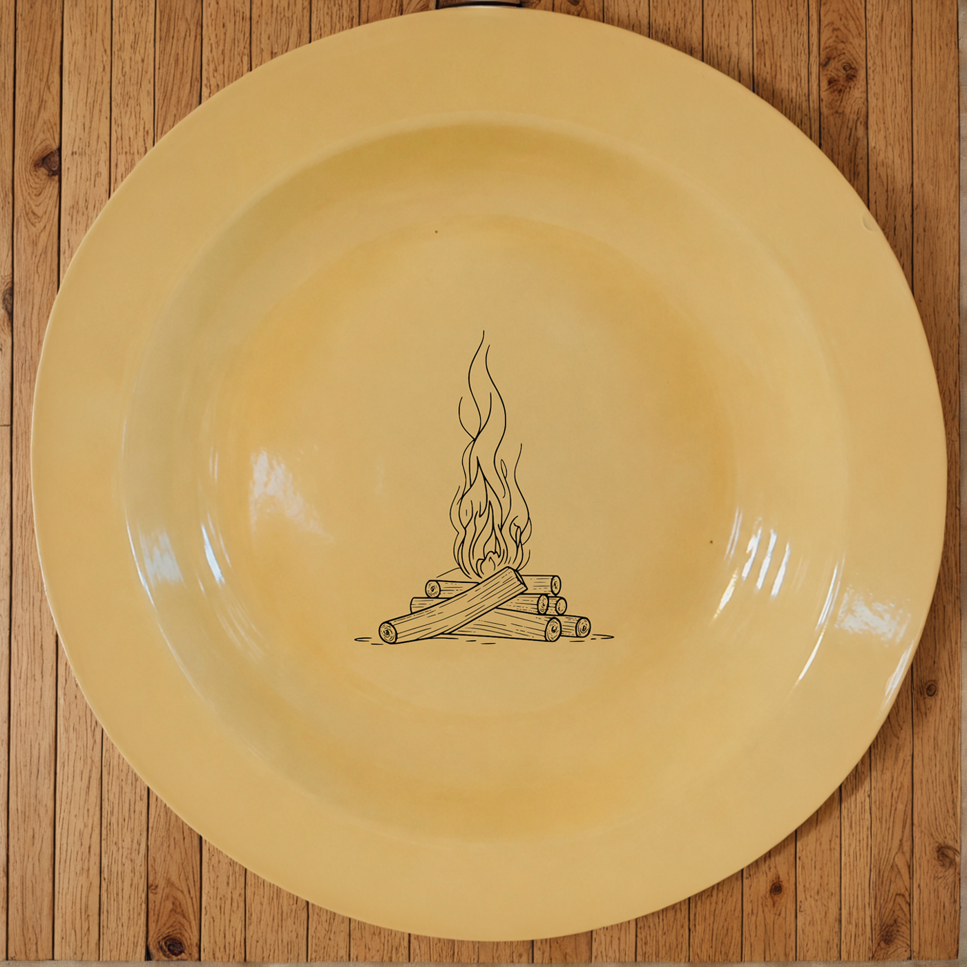 Stacked Wood Dinner Plate Set of 4 in warm cream enamel, perfect for cozy campfire-inspired dining.