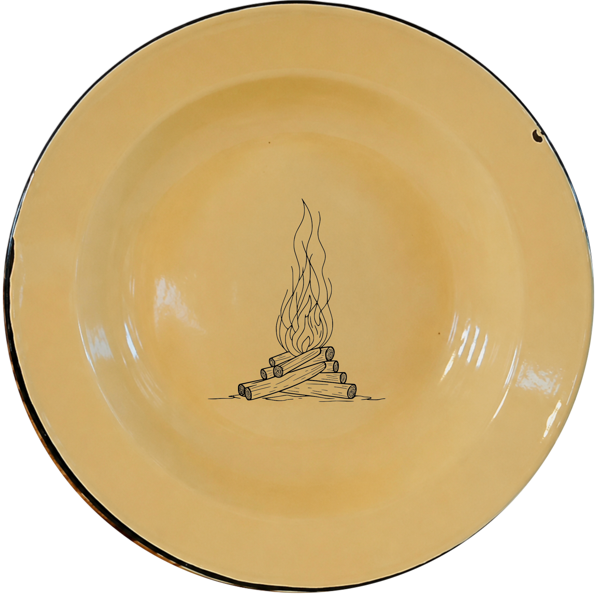 Wood Fire Dinner Plate Set of 4 in cream enamel with rustic wood fire design, perfect for everyday dining.
