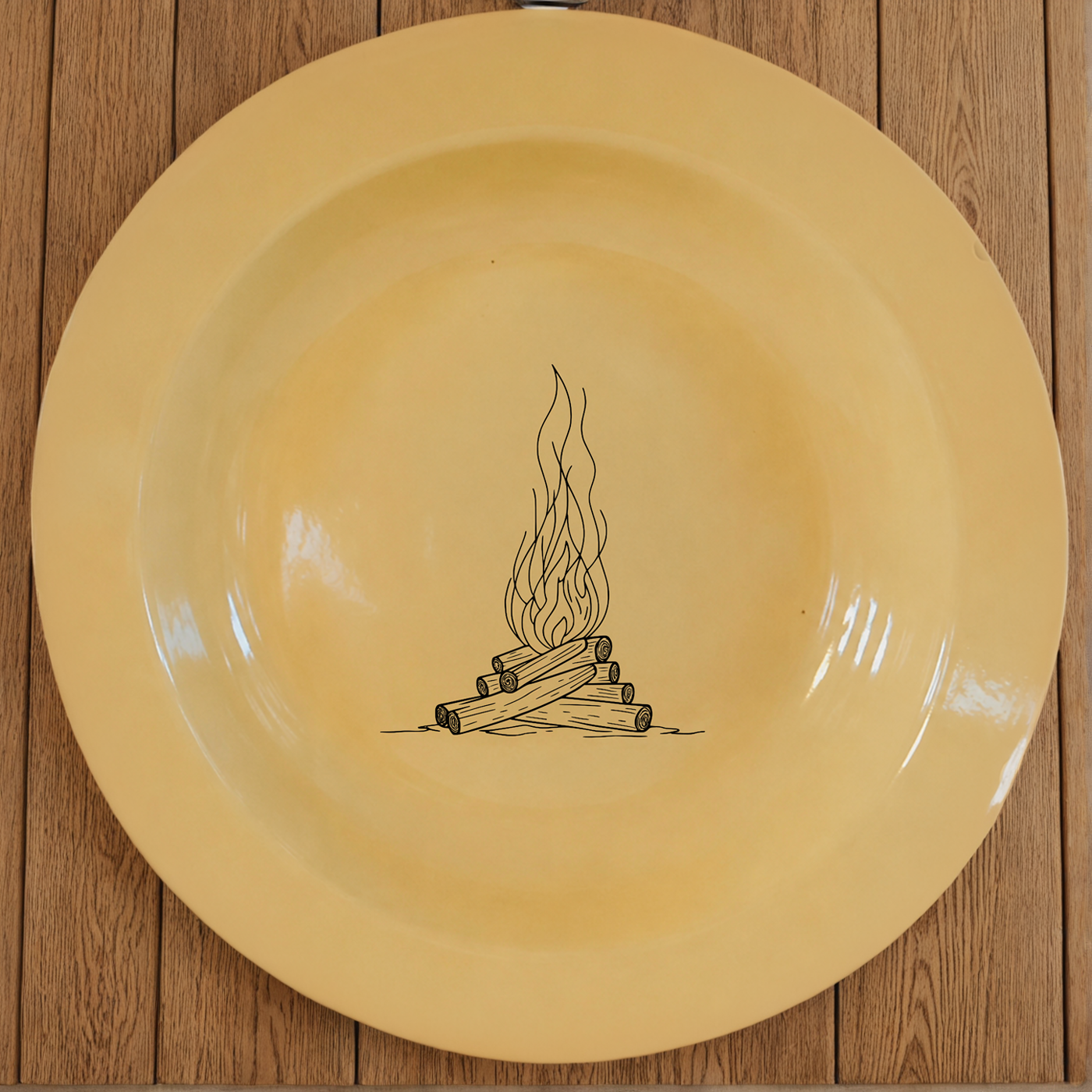 Wood Fire Dinner Plate Set of 4 in cream enamel with rustic wood fire design, perfect for everyday dining.