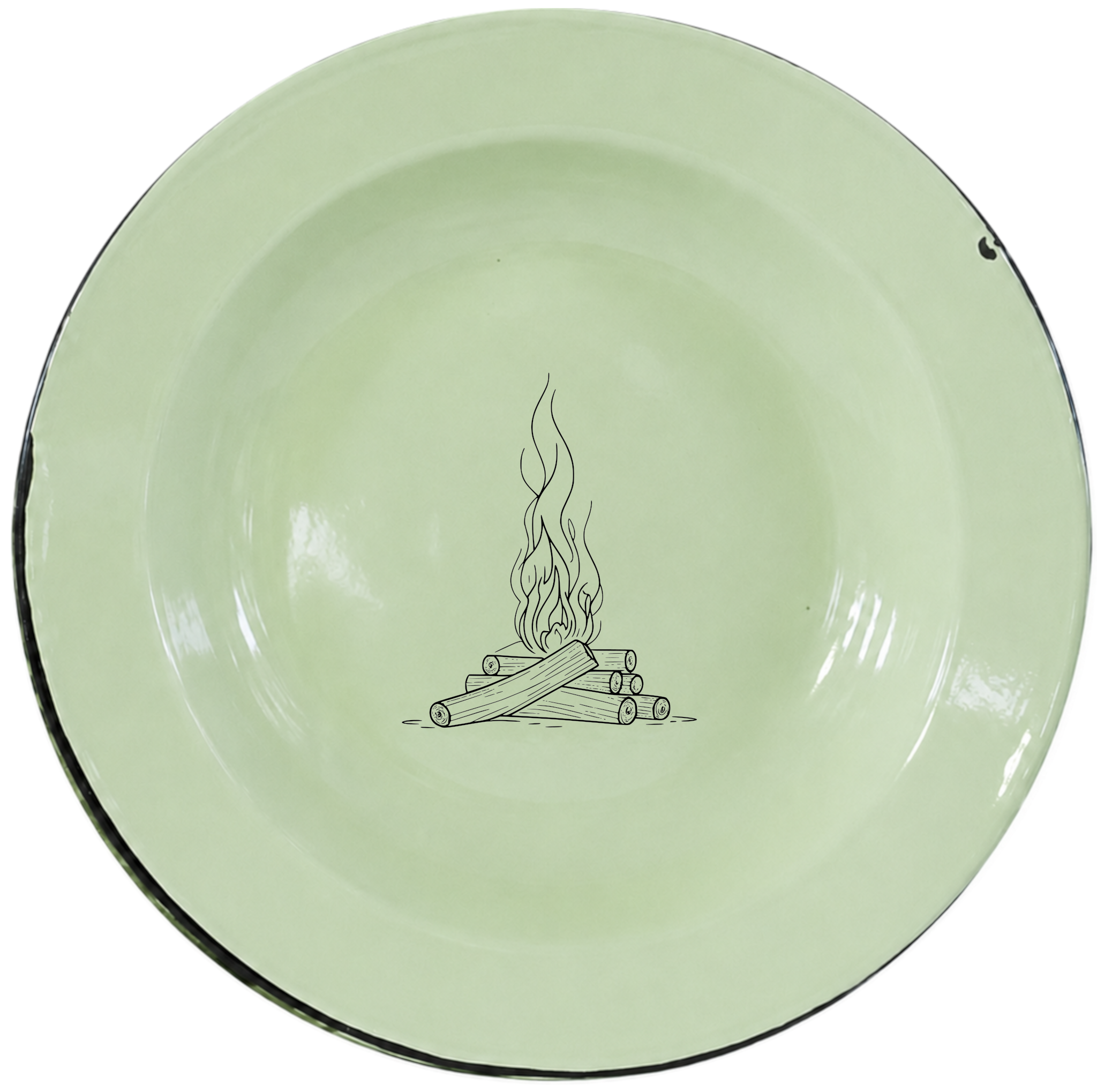 Campfire Wood Dinner Plate Set of 4 in soft sage green enamel with a rustic hand-drawn flame design.
