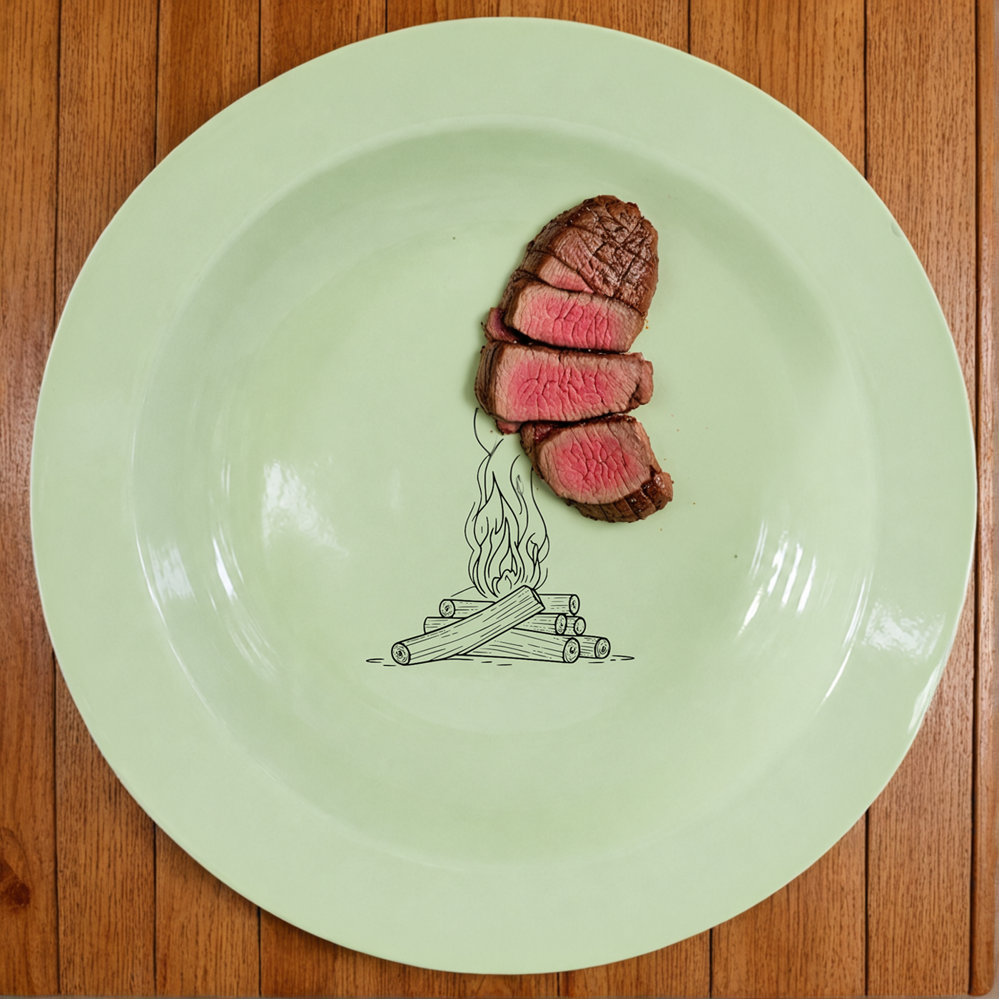 Campfire Wood Dinner Plate Set of 4 in soft sage green enamel with a rustic hand-drawn flame design.