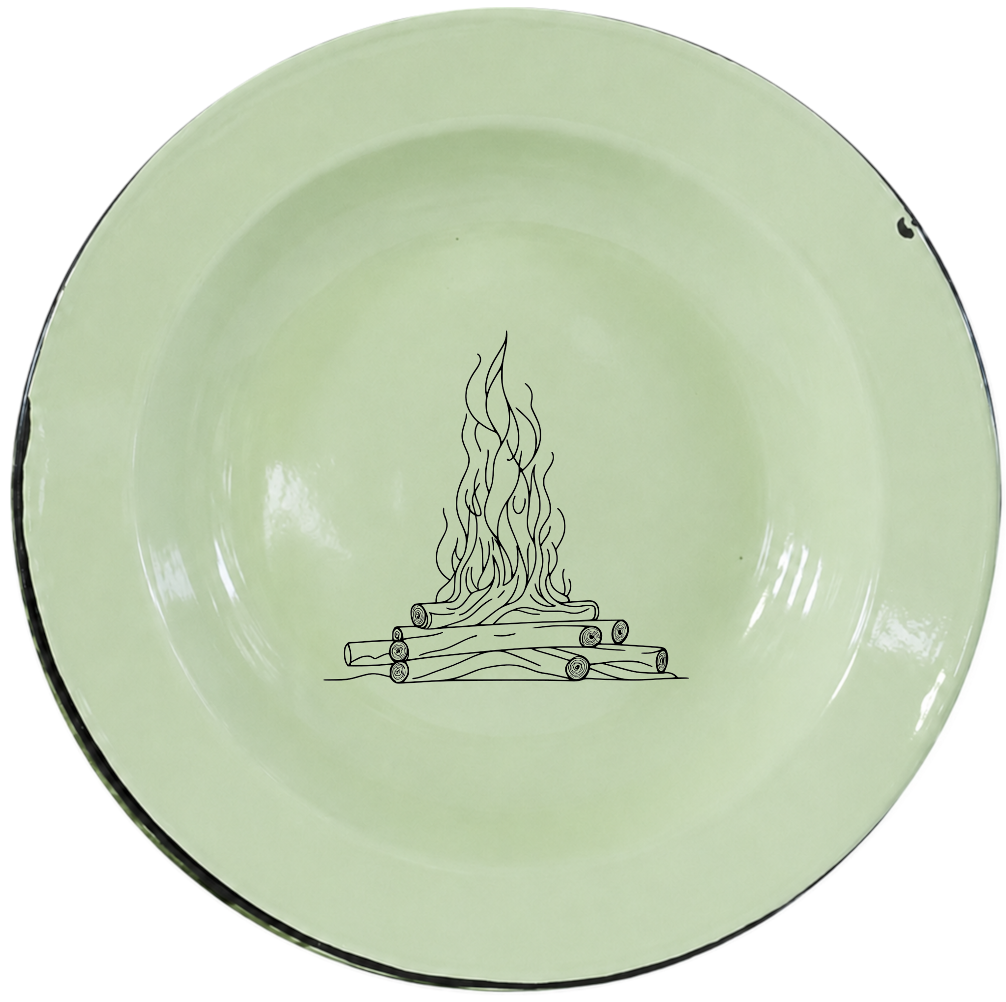 Stacked Wood Dinner Plate Set of 4 - rustic campfire design on soft green enamel, perfect for everyday dining.