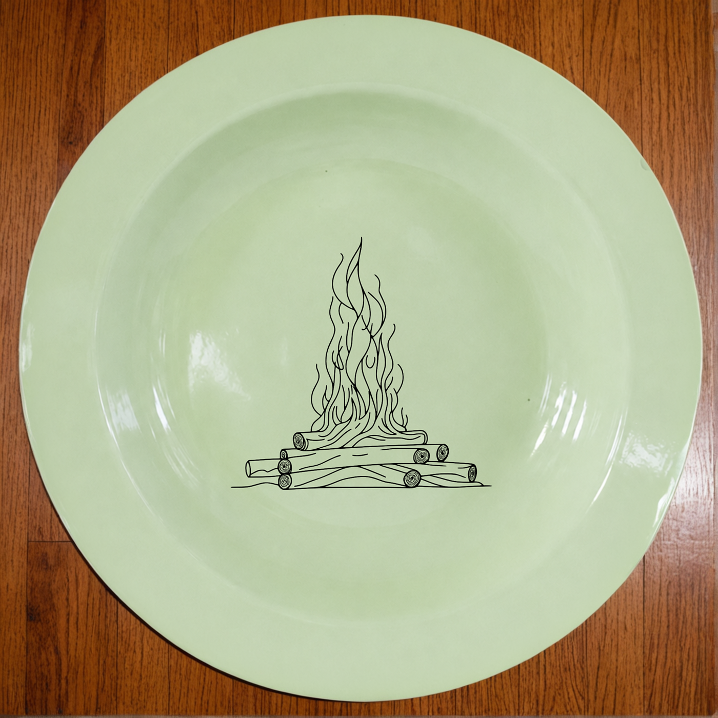 Stacked Wood Dinner Plate Set of 4 - rustic campfire design on soft green enamel, perfect for everyday dining.