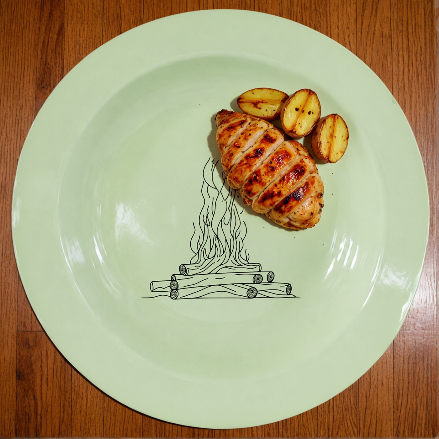 Stacked Wood Dinner Plate Set of 4 - rustic campfire design on soft green enamel, perfect for everyday dining.