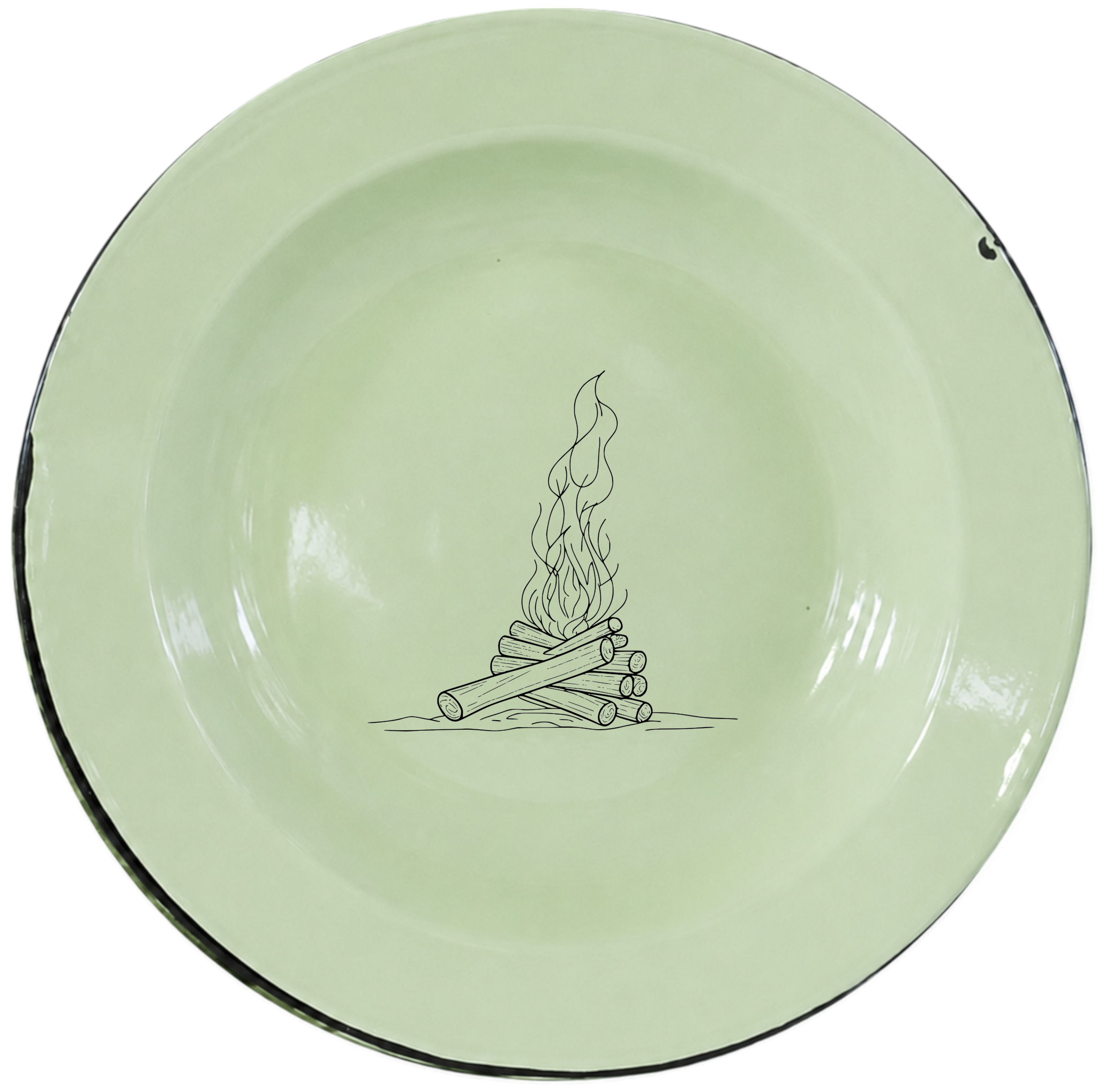 Stacked Wood Dinner Plate Set of 4 features a rustic campfire design on soft green enamel plates.