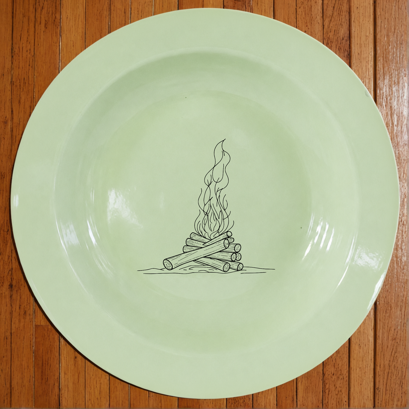 Stacked Wood Dinner Plate Set of 4 features a rustic campfire design on soft green enamel plates.