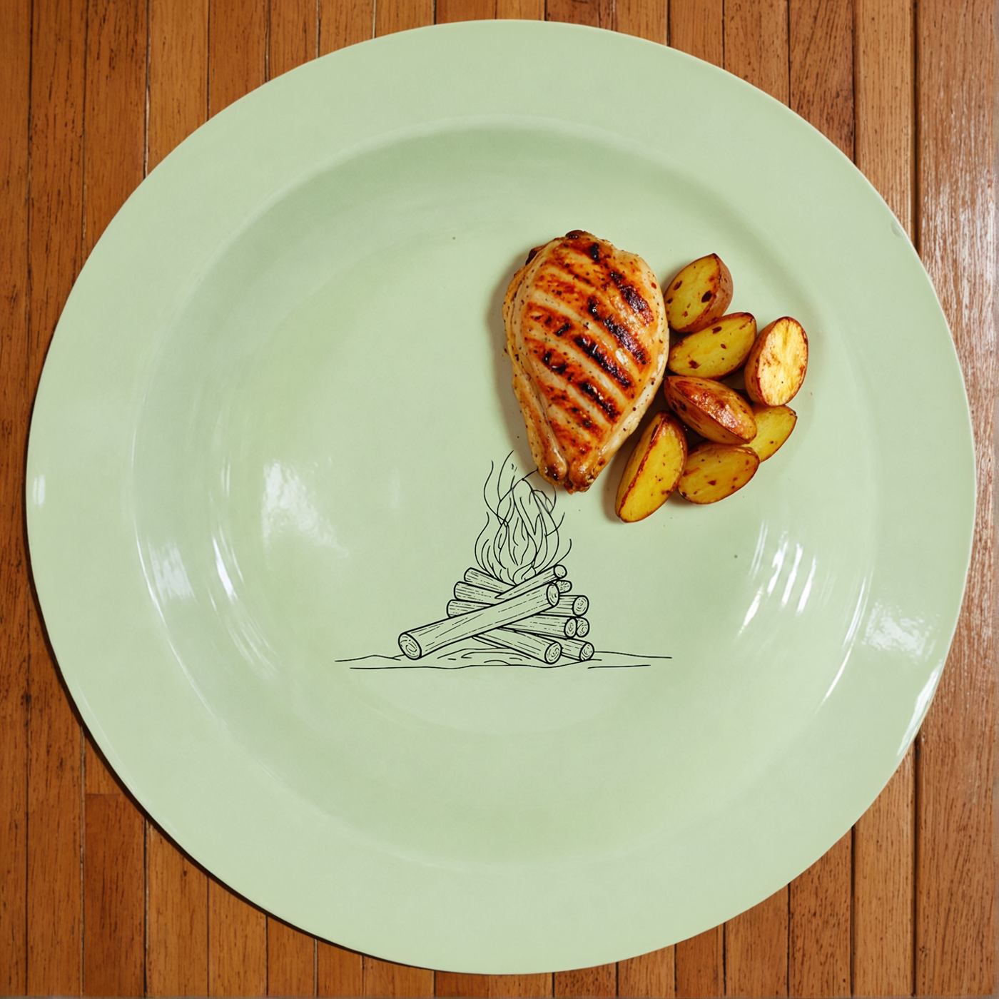 Stacked Wood Dinner Plate Set of 4 features a rustic campfire design on soft green enamel plates.